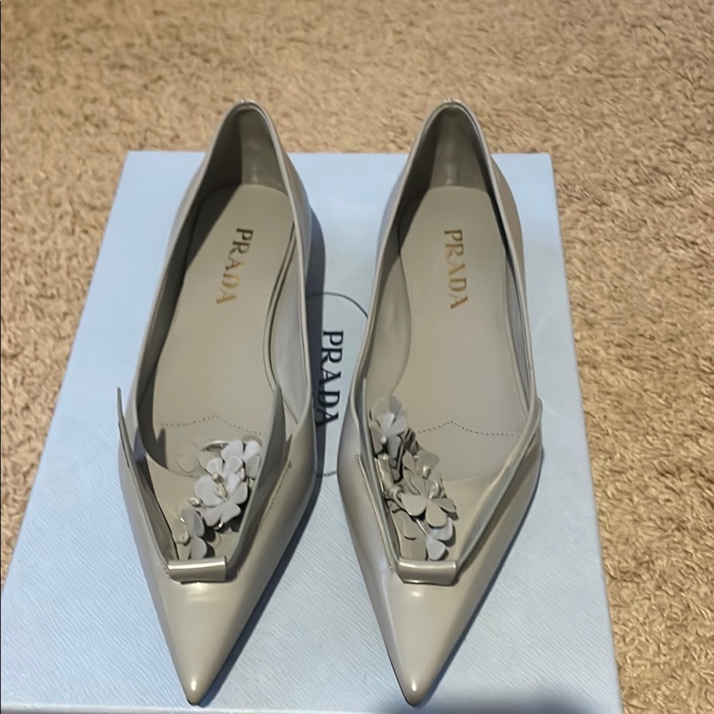 Prada Gray Pointed Toe Flats with Embellishment